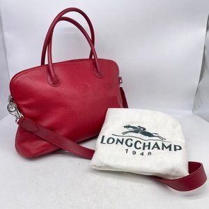 Vintage Longchamp Bolide Cherry Red Leather Medium Tote Crossbody Bag Authentic